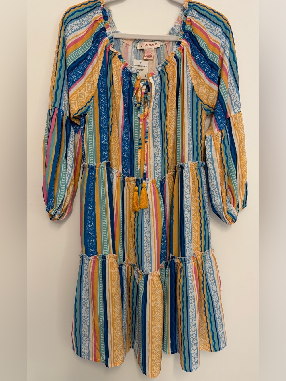 Flying Tomato Multicolor Stripe Tiered Dress with Tassel Tie